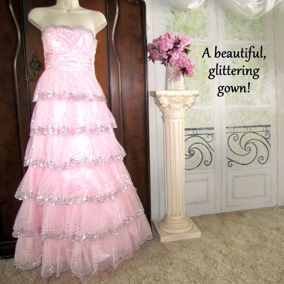 PINK BALL GOWN, Size 3-4, RUFFLED SKIRT SILVER SEQUINS, PROM, SPECIAL OCCASION - Picture 1 of 13